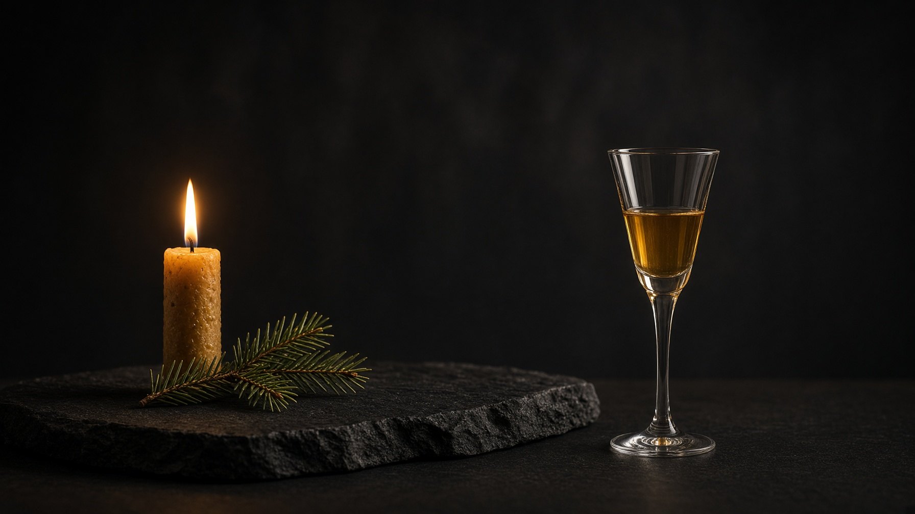 Ett klassiskt snapsglas i stearinljus, med en granruska.